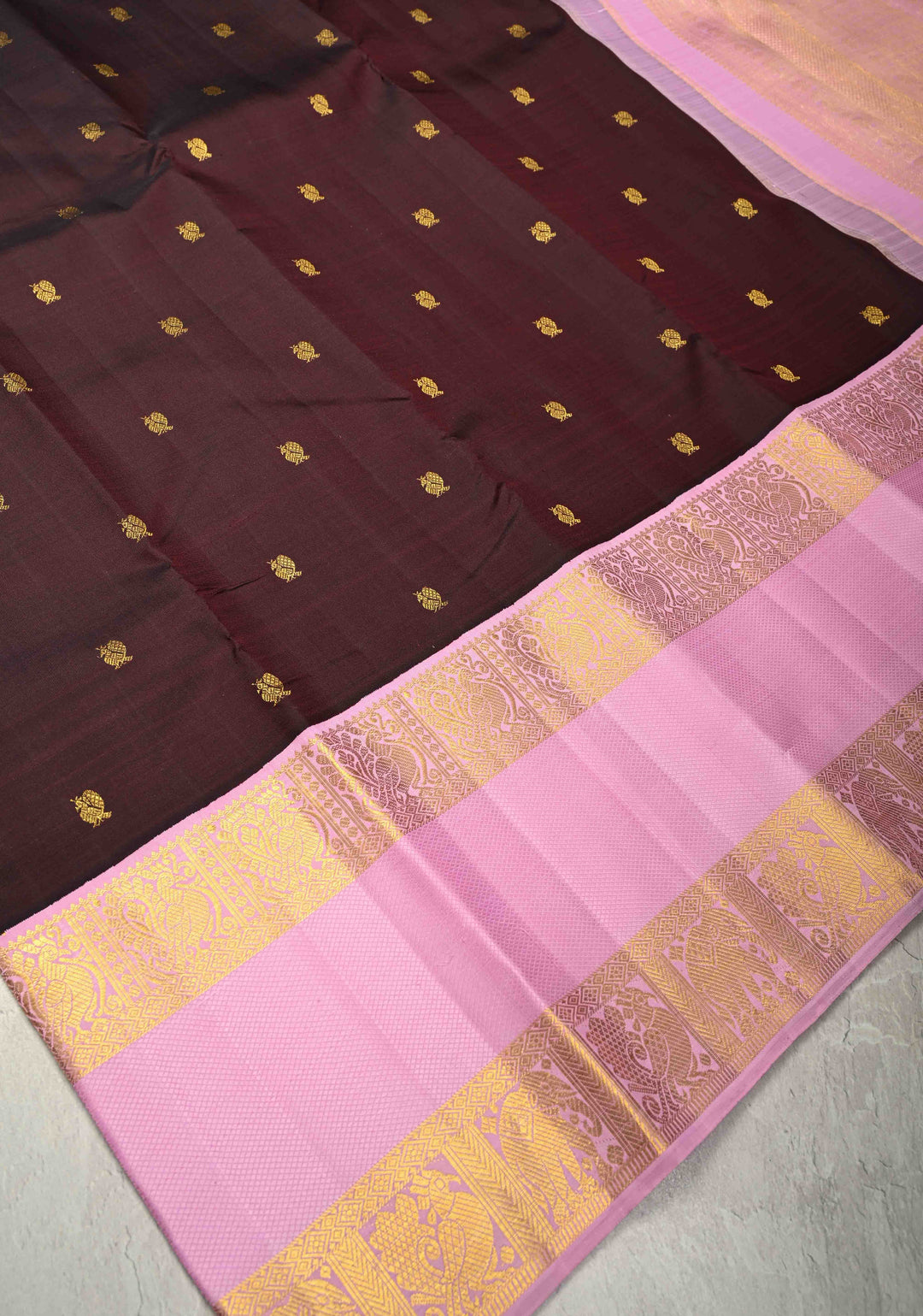 Deep Wine  Korvai Pure Kanjivaram Silk Saree with Zari Buttas and Contrast Rettaipet Zari Border| SILK MARK CERTIFIED | SHOBITAM
