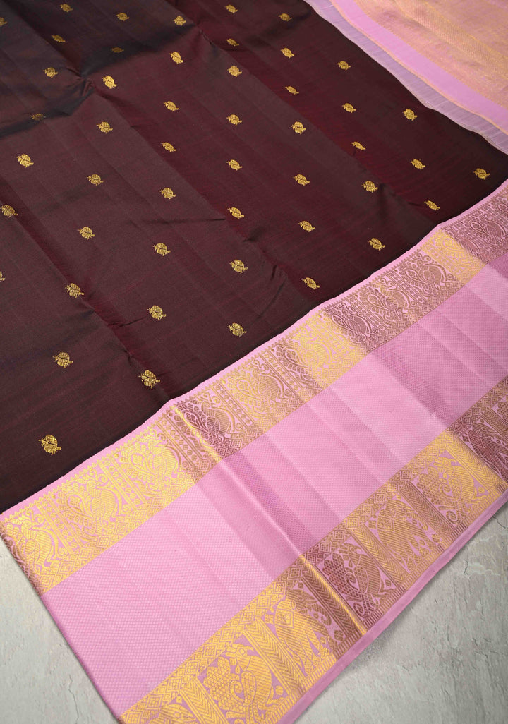 Deep Wine  Korvai Pure Kanjivaram Silk Saree with Zari Buttas and Contrast Rettaipet Zari Border| SILK MARK CERTIFIED | SHOBITAM