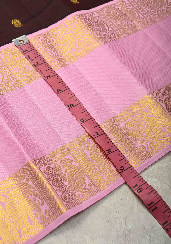 Deep Wine  Korvai Pure Kanjivaram Silk Saree with Zari Buttas and Contrast Rettaipet Zari Border| SILK MARK CERTIFIED | SHOBITAM
