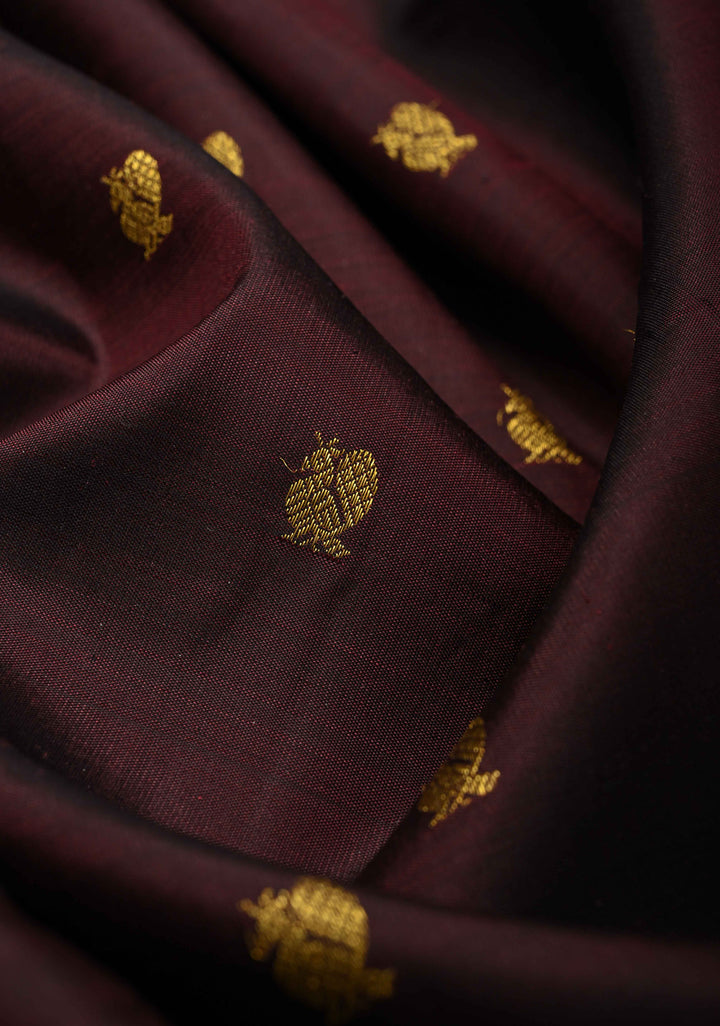 Deep Wine  Korvai Pure Kanjivaram Silk Saree with Zari Buttas and Contrast Rettaipet Zari Border| SILK MARK CERTIFIED | SHOBITAM