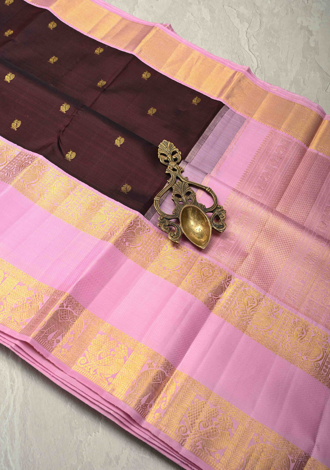 Deep Wine  Korvai Pure Kanjivaram Silk Saree with Zari Buttas and Contrast Rettaipet Zari Border| SILK MARK CERTIFIED | SHOBITAM