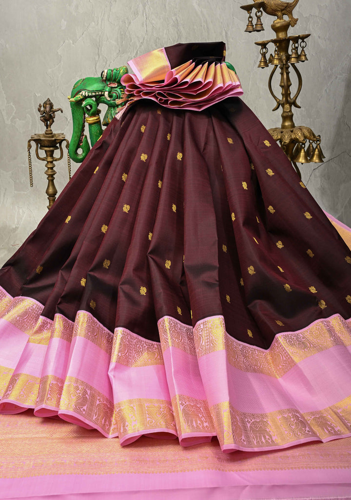 Deep Wine  Korvai Pure Kanjivaram Silk Saree with Zari Buttas and Contrast Rettaipet Zari Border| SILK MARK CERTIFIED | SHOBITAM