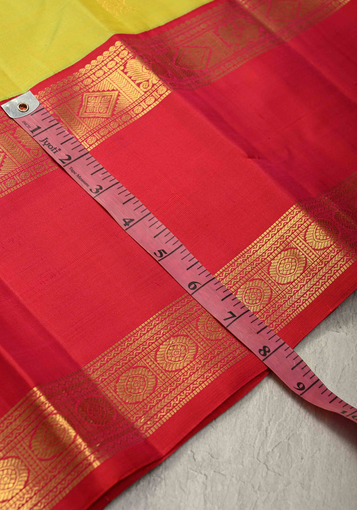 Lime Green Dual Tone Pure Kanjivaram Silk Saree with Zari Buttas and Contrast Rettaipet Zari Border| SILK MARK CERTIFIED