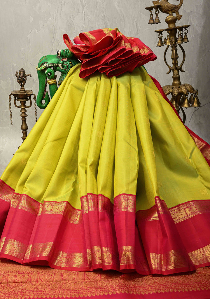 Lime Green Dual Tone Pure Kanjivaram Silk Saree with Zari Buttas and Contrast Rettaipet Zari Border| SILK MARK CERTIFIED