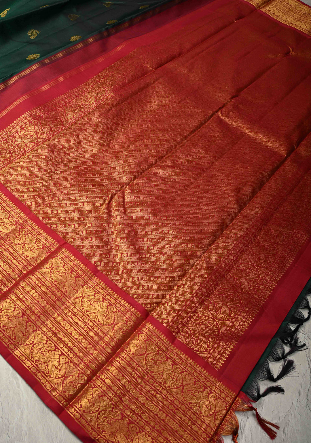 Bottle Green Pure Kanjivaram Silk Saree with Zari Buttas and Contrast Zari Border | SILK MARK CERTIFIED