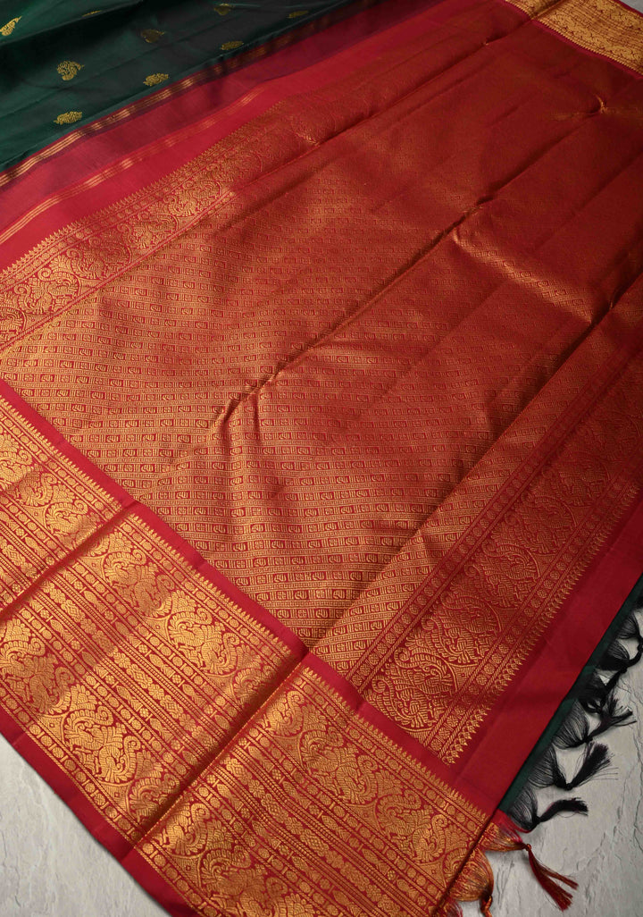 Bottle Green Pure Kanjivaram Silk Saree with Zari Buttas and Contrast Zari Border | SILK MARK CERTIFIED