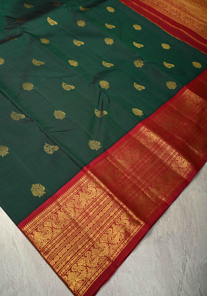 Bottle Green Pure Kanjivaram Silk Saree with Zari Buttas and Contrast Zari Border | SILK MARK CERTIFIED