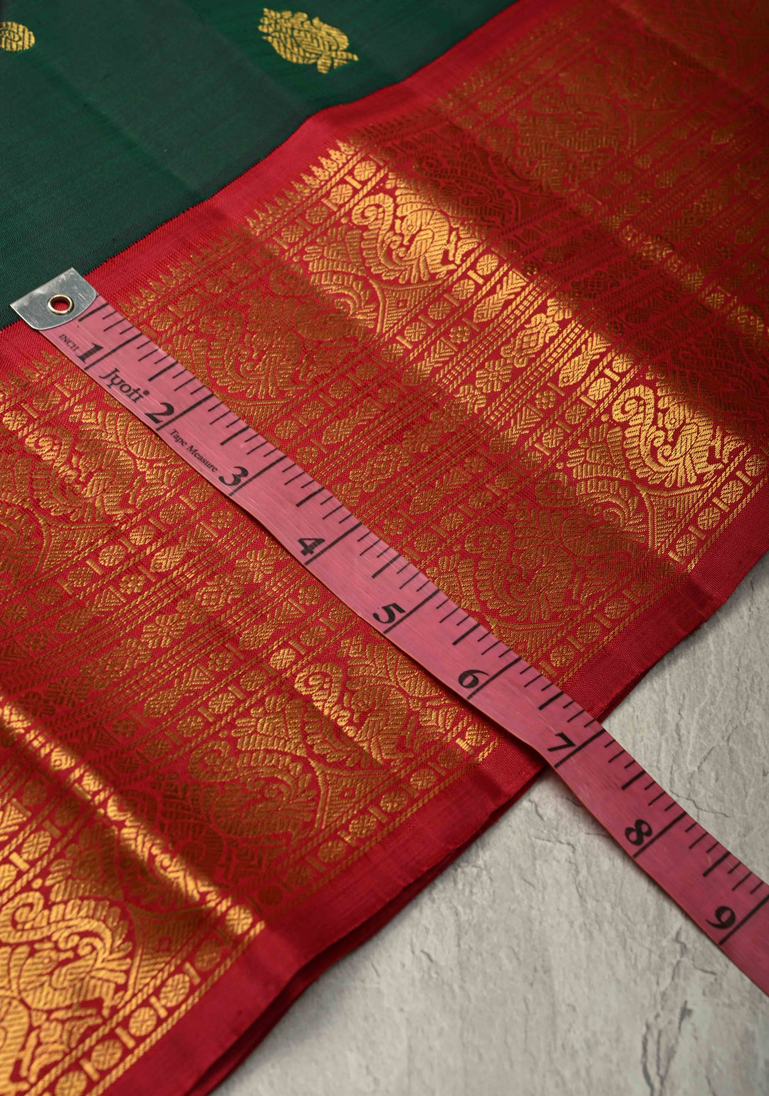 Bottle Green Pure Kanjivaram Silk Saree with Zari Buttas and Contrast Zari Border | SILK MARK CERTIFIED
