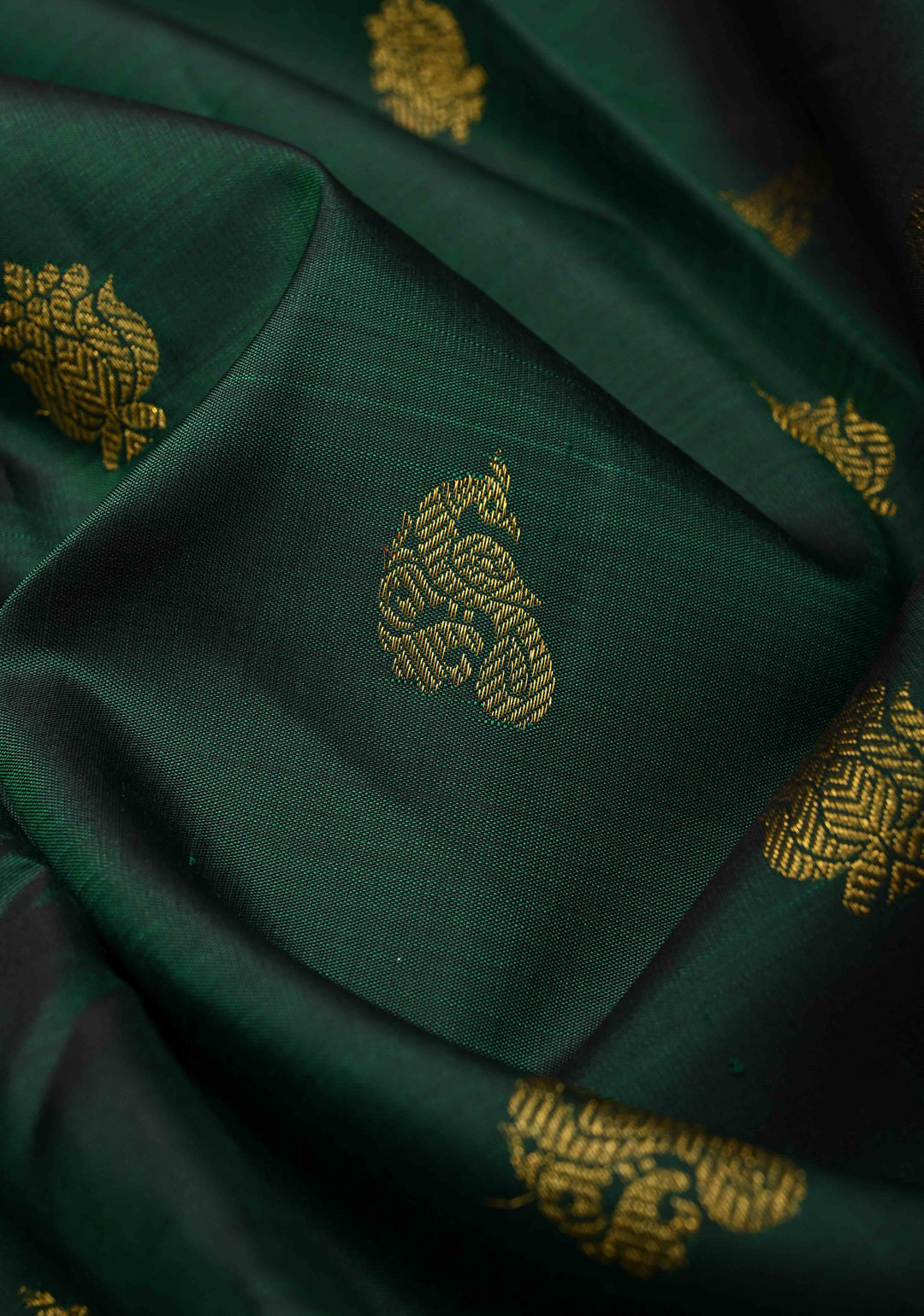Bottle Green Pure Kanjivaram Silk Saree with Zari Buttas and Contrast Zari Border | SILK MARK CERTIFIED