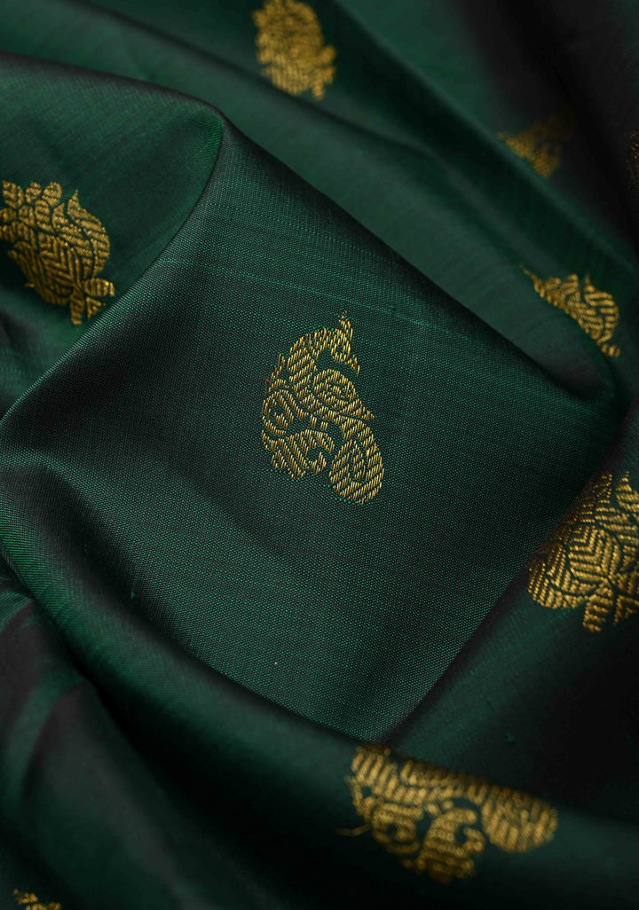 Bottle Green Pure Kanjivaram Silk Saree with Zari Buttas and Contrast Zari Border | SILK MARK CERTIFIED