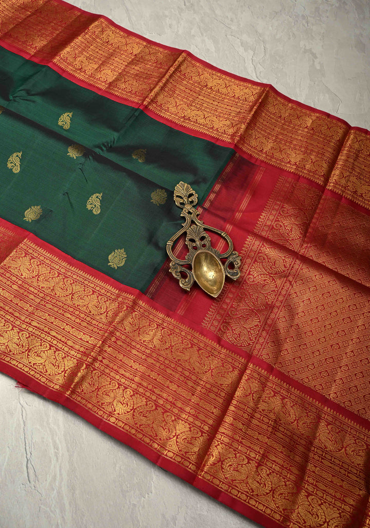 Bottle Green Pure Kanjivaram Silk Saree with Zari Buttas and Contrast Zari Border | SILK MARK CERTIFIED