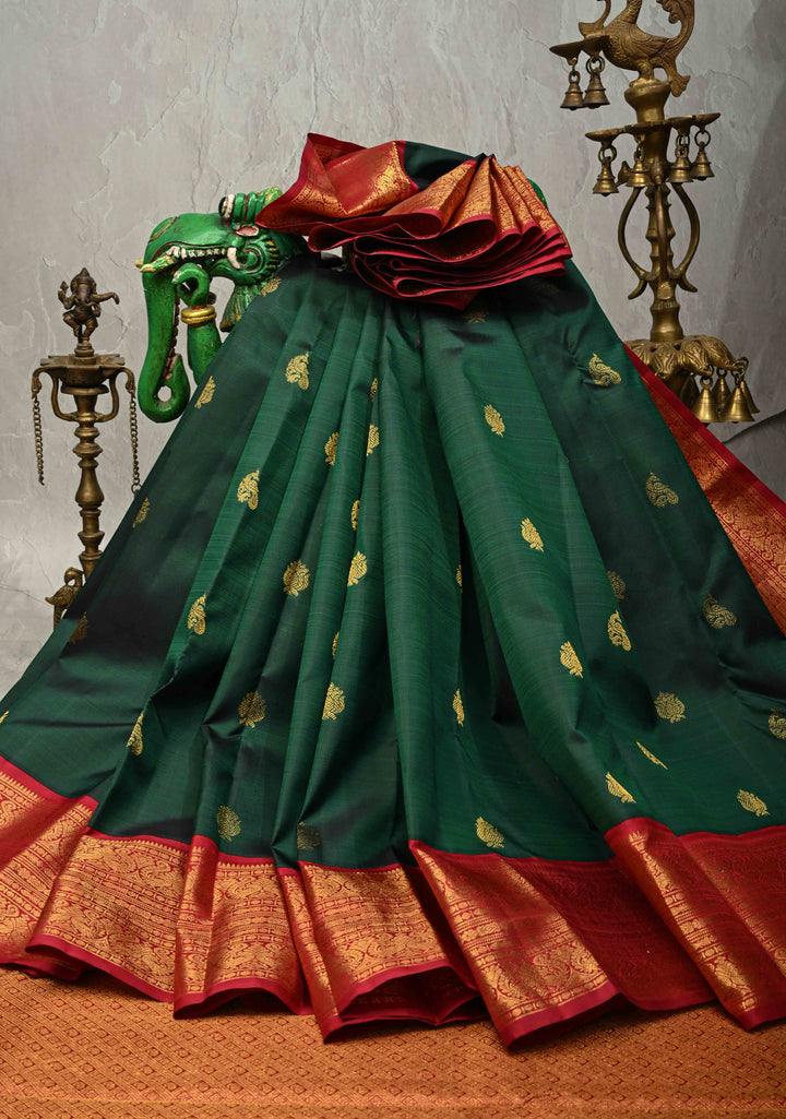 Bottle Green Pure Kanjivaram Silk Saree with Zari Buttas and Contrast Zari Border | SILK MARK CERTIFIED