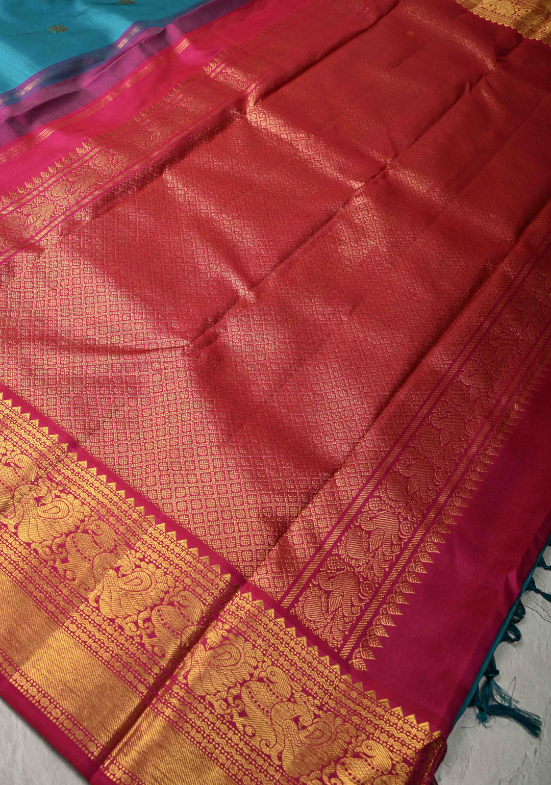 Teal Blue Kanjivaram Pure Silk Saree with Zari Buttas and Contrast Zari Border | SILK MARK CERTIFIED