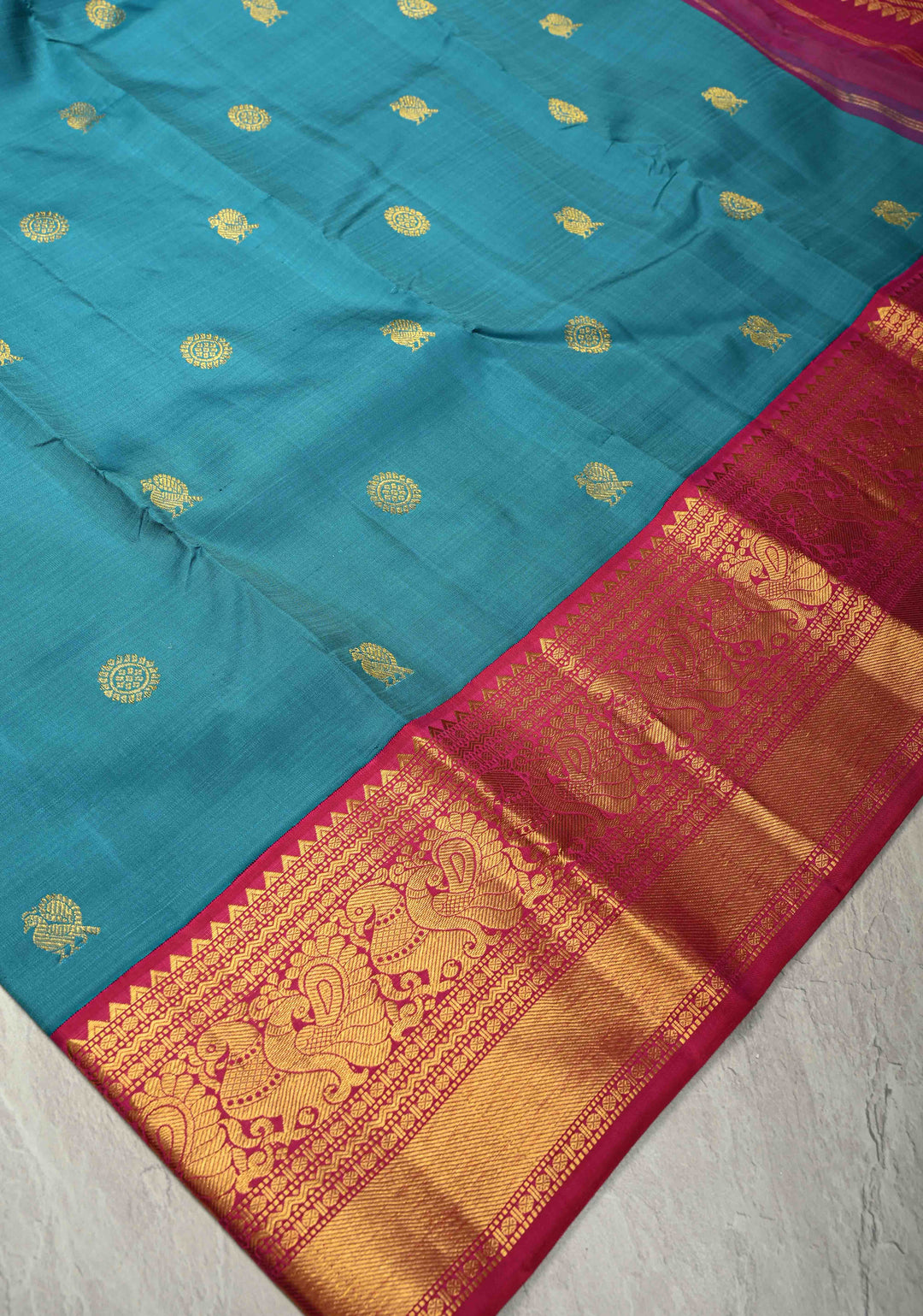 Teal Blue Kanjivaram Pure Silk Saree with Zari Buttas and Contrast Zari Border | SILK MARK CERTIFIED