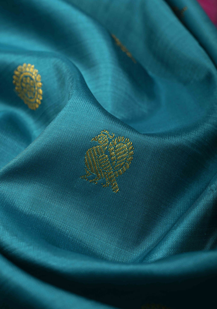 Teal Blue Kanjivaram Pure Silk Saree with Zari Buttas and Contrast Zari Border | SILK MARK CERTIFIED