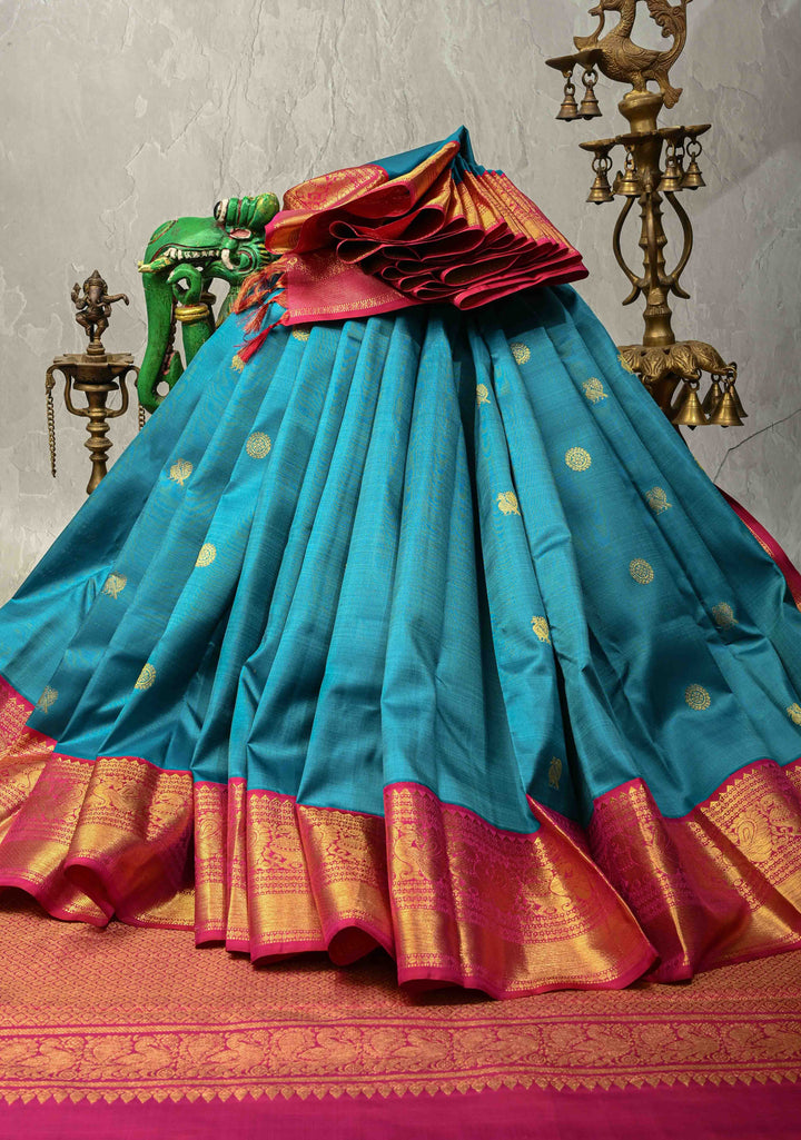 Teal Blue Kanjivaram Pure Silk Saree with Zari Buttas and Contrast Zari Border | SILK MARK CERTIFIED