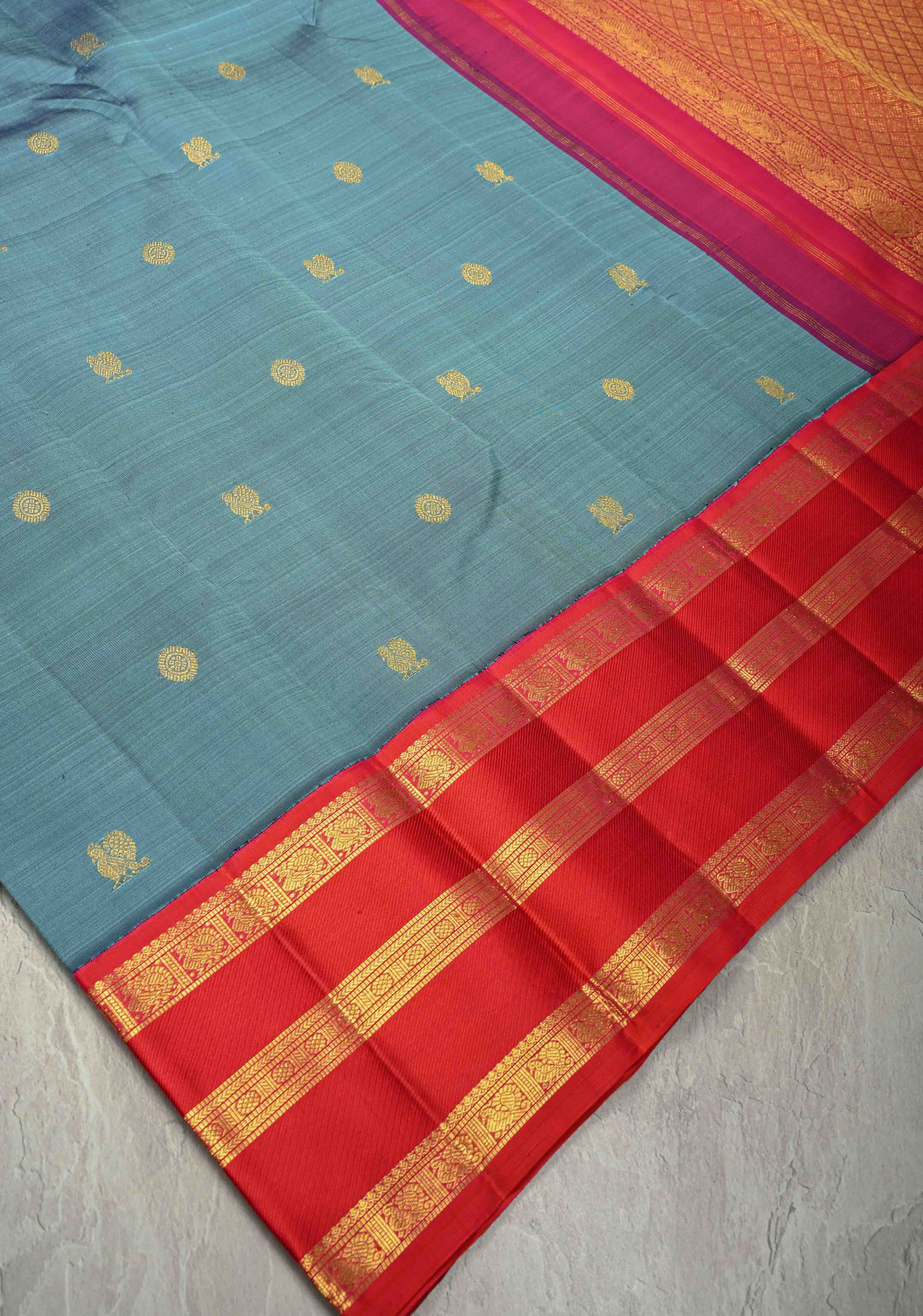 Dusty Blue Dual Tone Pure Kanjivaram Silk Saree with Zari Buttas and Contrast Zari Border| SILK MARK CERTIFIED