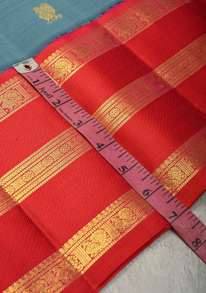 Dusty Blue Dual Tone Pure Kanjivaram Silk Saree with Zari Buttas and Contrast Zari Border| SILK MARK CERTIFIED