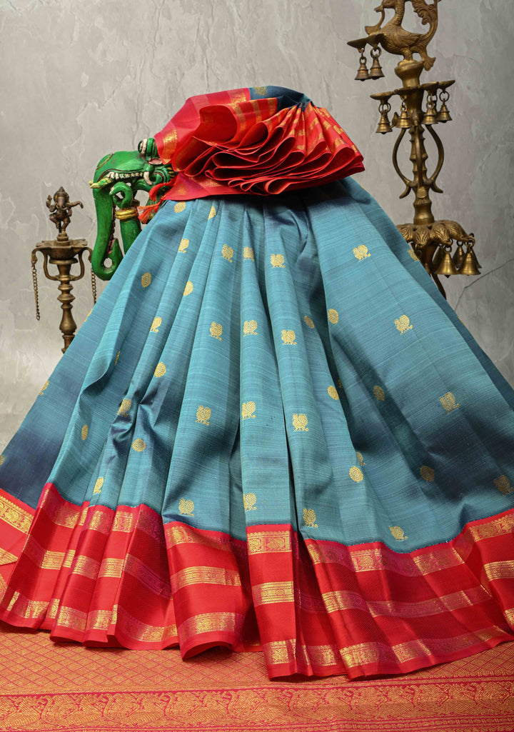 Dusty Blue Dual Tone Pure Kanjivaram Silk Saree with Zari Buttas and Contrast Zari Border| SILK MARK CERTIFIED