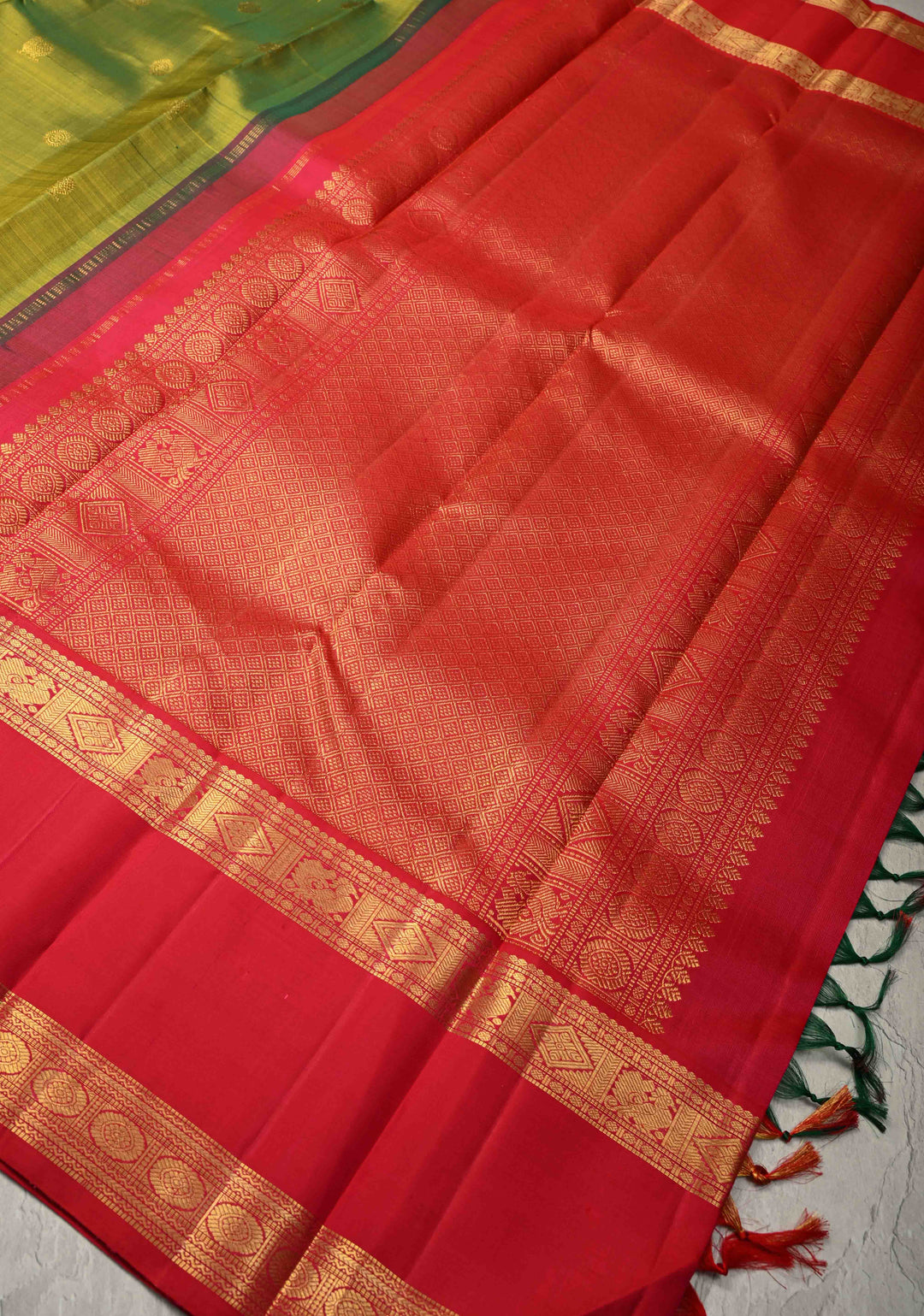 Parrot Green Kanjivaram Pure Silk Saree with Zari Buttas and Rettaipet Zari Border | SILK MARK CERTIFIED | SHOBITAM
