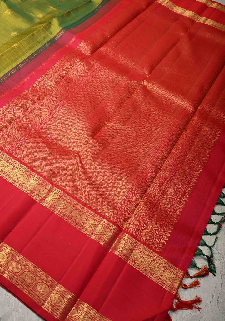 Parrot Green Kanjivaram Pure Silk Saree with Zari Buttas and Rettaipet Zari Border | SILK MARK CERTIFIED | SHOBITAM