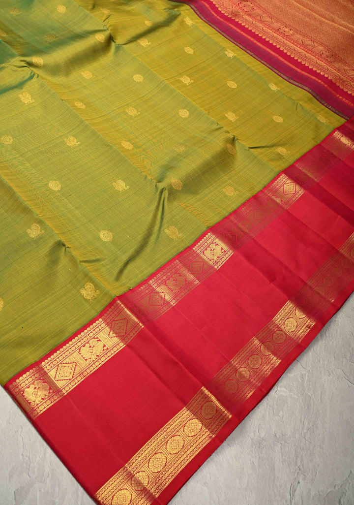 Parrot Green Kanjivaram Pure Silk Saree with Zari Buttas and Rettaipet Zari Border | SILK MARK CERTIFIED | SHOBITAM