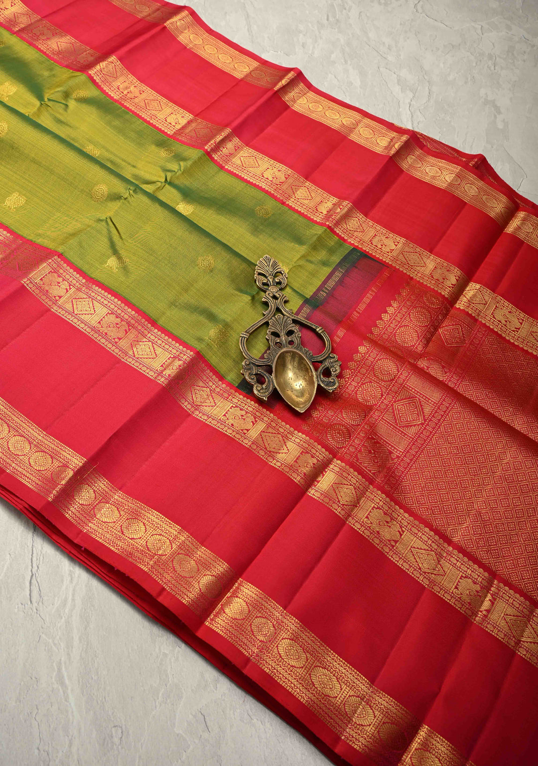 Parrot Green Kanjivaram Pure Silk Saree with Zari Buttas and Rettaipet Zari Border | SILK MARK CERTIFIED | SHOBITAM