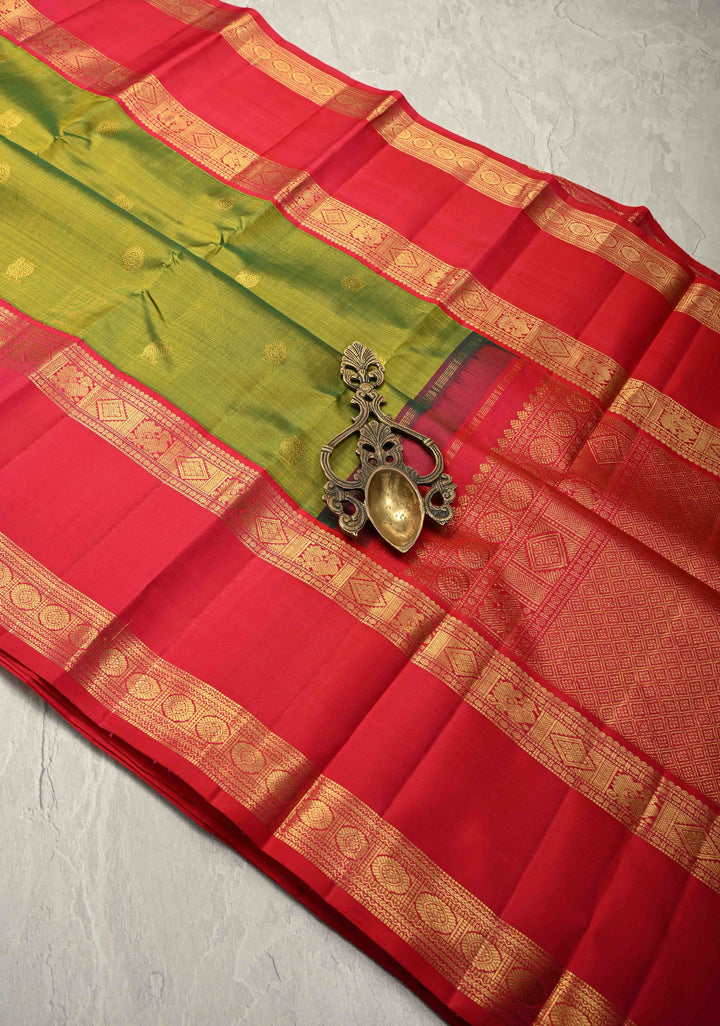 Parrot Green Kanjivaram Pure Silk Saree with Zari Buttas and Rettaipet Zari Border | SILK MARK CERTIFIED | SHOBITAM