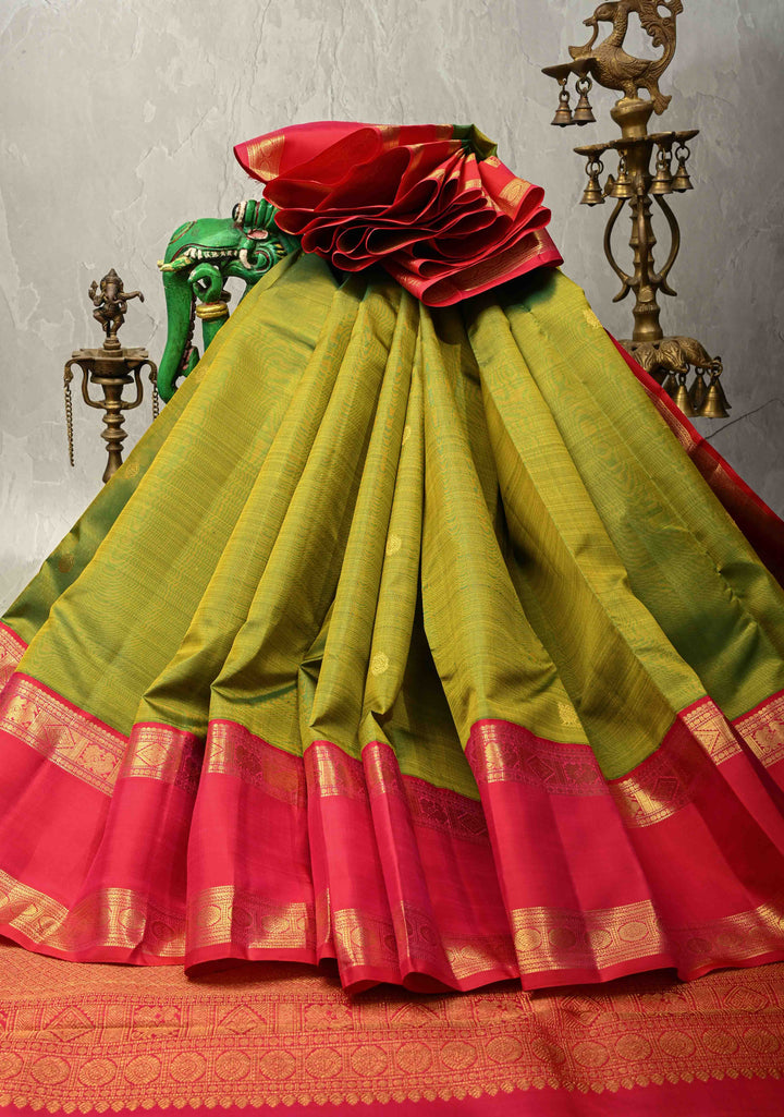 Parrot Green Kanjivaram Pure Silk Saree with Zari Buttas and Rettaipet Zari Border | SILK MARK CERTIFIED | SHOBITAM
