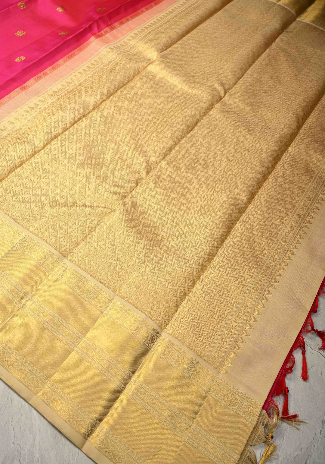 Rani Pink Kanjivaram Pure Silk Saree with Zari Buttas and Korvai Border | SILK MARK CERTIFIED