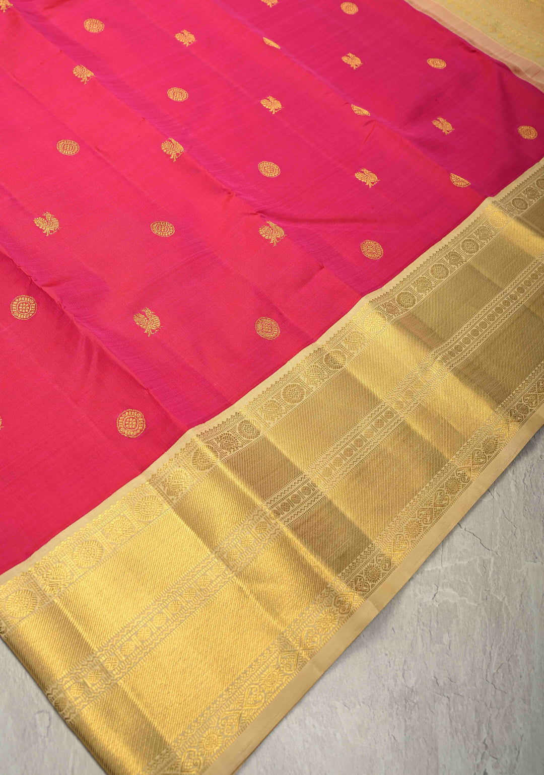 Rani Pink Kanjivaram Pure Silk Saree with Zari Buttas and Korvai Border | SILK MARK CERTIFIED