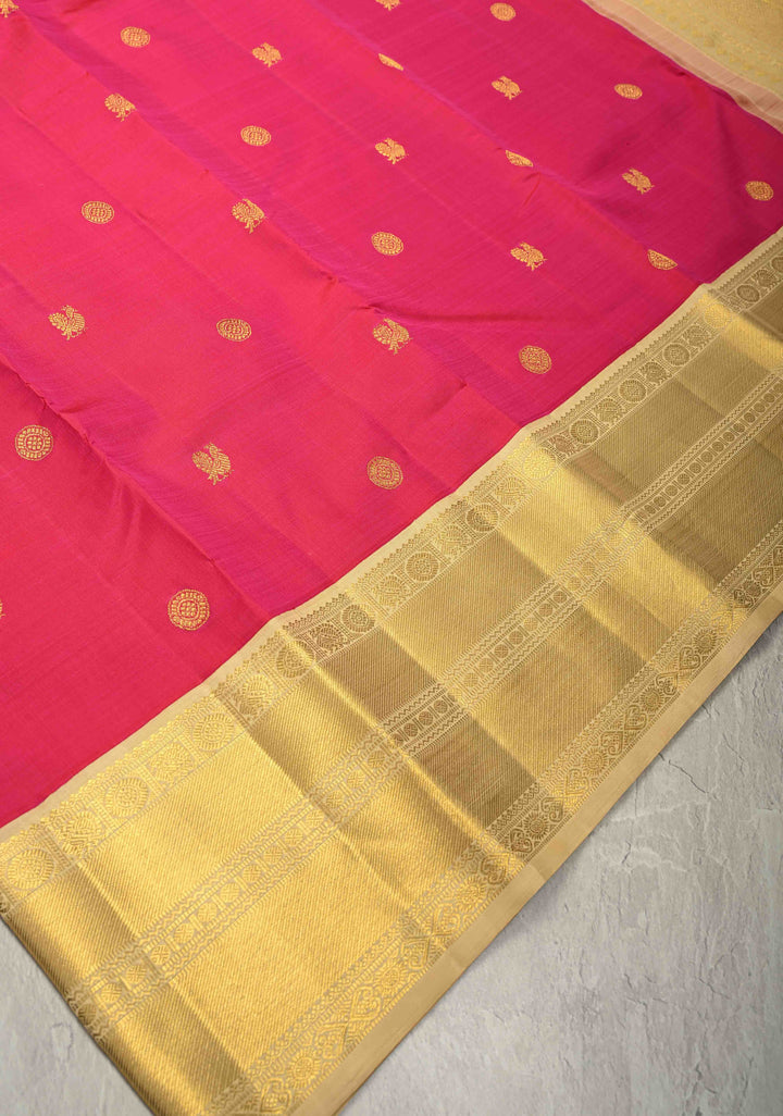 Rani Pink Kanjivaram Pure Silk Saree with Zari Buttas and Korvai Border | SILK MARK CERTIFIED