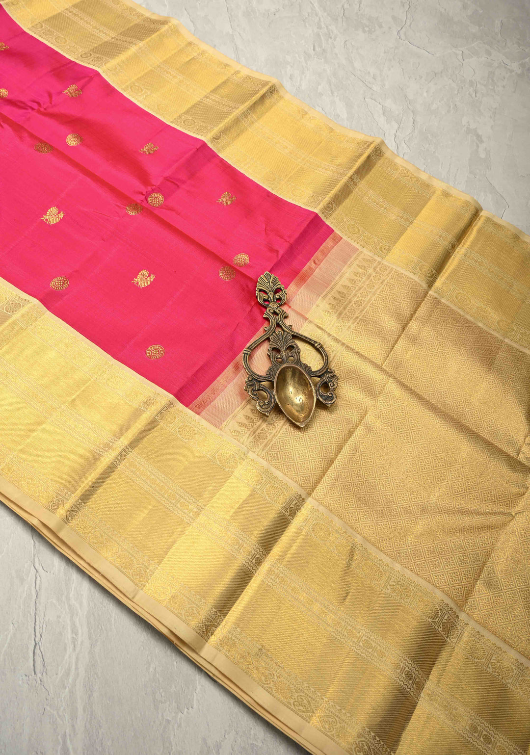 Rani Pink Kanjivaram Pure Silk Saree with Zari Buttas and Korvai Border | SILK MARK CERTIFIED