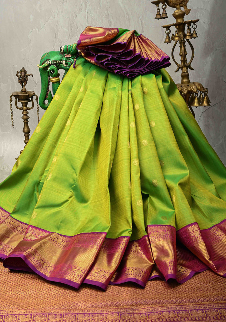 Parrot Green Dual Tone Pure Kanjivaram Silk Saree with Zari Buttas and Zari Border| SILK MARK CERTIFIED
