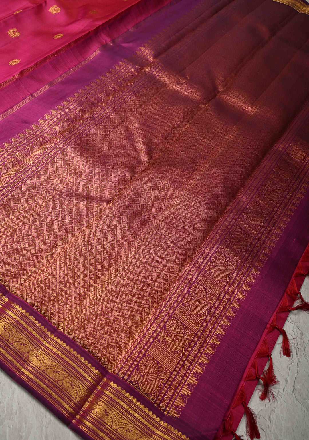 Rani Pink Dual Tone Pure Kanjivaram Silk Saree with Zari Buttas and Contrast Zari Border| SILK MARK CERTIFIED