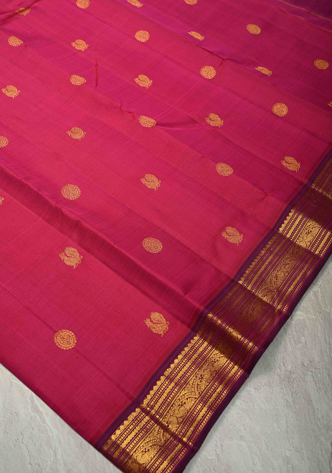 Rani Pink Dual Tone Pure Kanjivaram Silk Saree with Zari Buttas and Contrast Zari Border| SILK MARK CERTIFIED