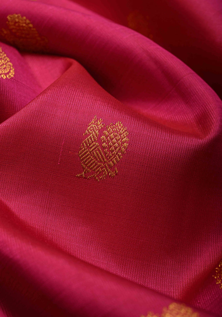 Rani Pink Dual Tone Pure Kanjivaram Silk Saree with Zari Buttas and Contrast Zari Border| SILK MARK CERTIFIED
