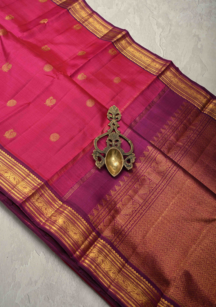 Rani Pink Dual Tone Pure Kanjivaram Silk Saree with Zari Buttas and Contrast Zari Border| SILK MARK CERTIFIED