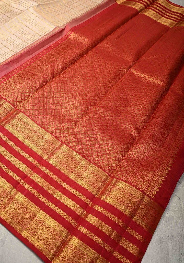 Beige Korvai Kanjivaram Pure Silk Saree with Zari Checks and Contrast Zari Border | SILK MARK CERTIFIED