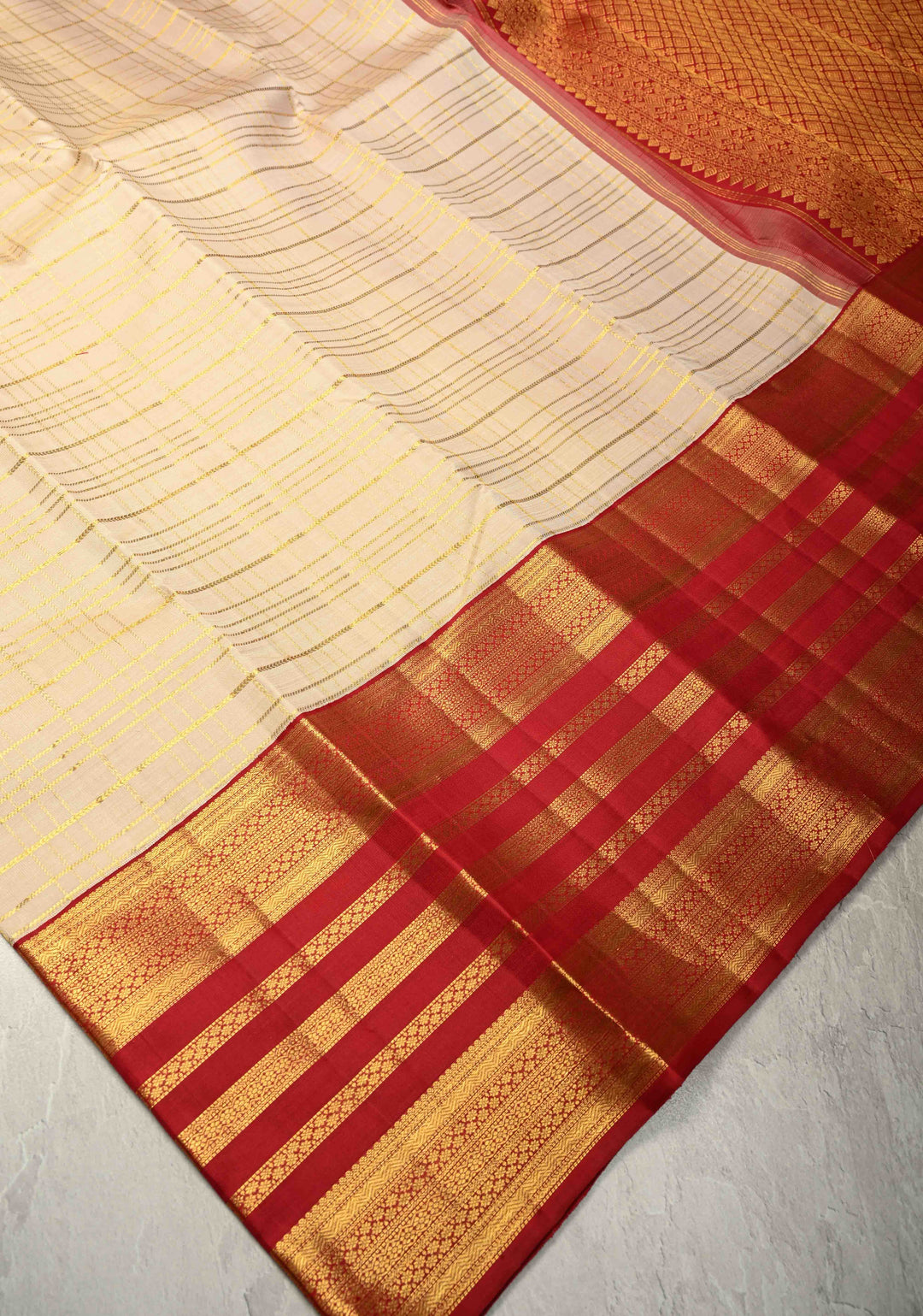 Beige Korvai Kanjivaram Pure Silk Saree with Zari Checks and Contrast Zari Border | SILK MARK CERTIFIED