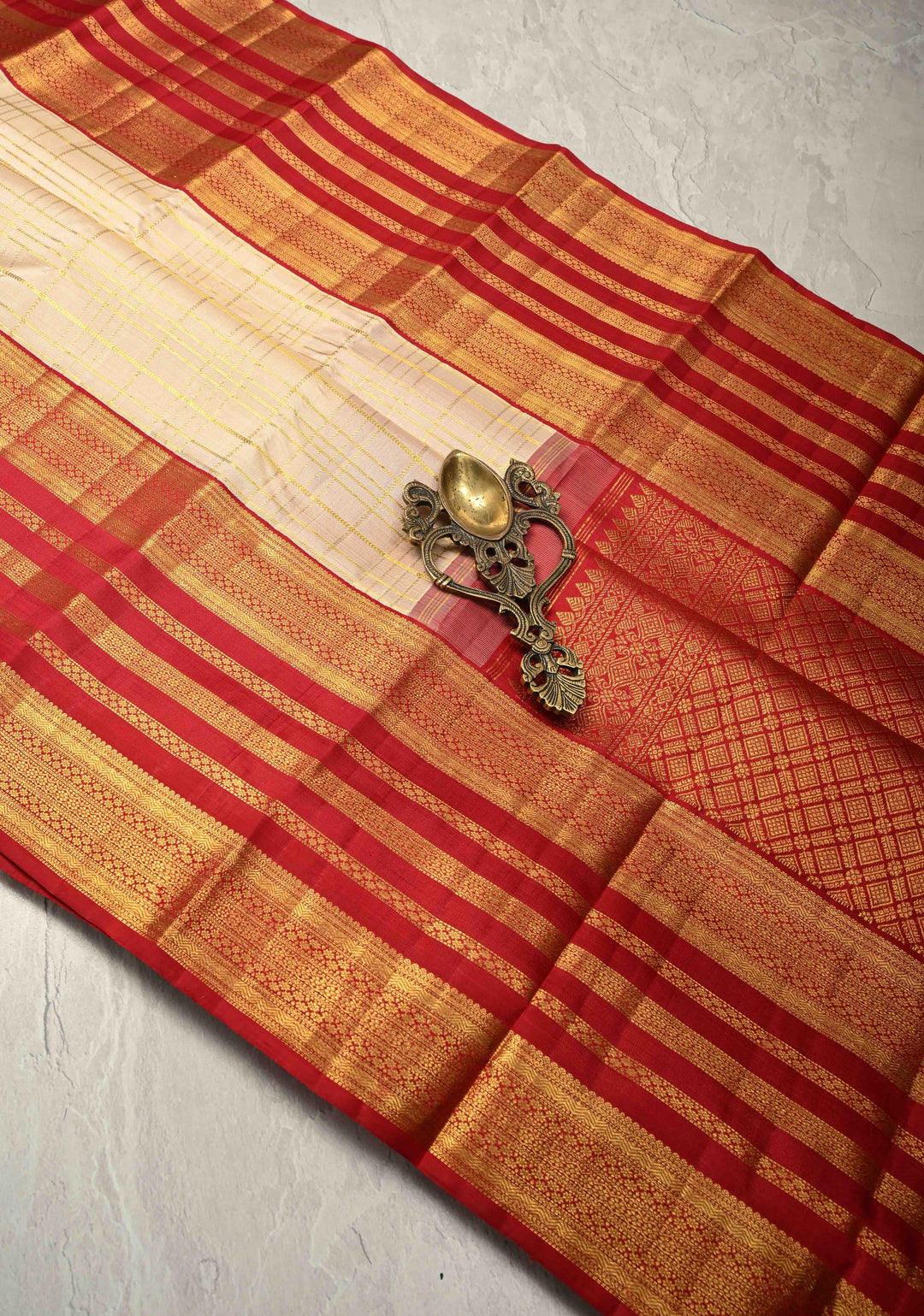Beige Korvai Kanjivaram Pure Silk Saree with Zari Checks and Contrast Zari Border | SILK MARK CERTIFIED