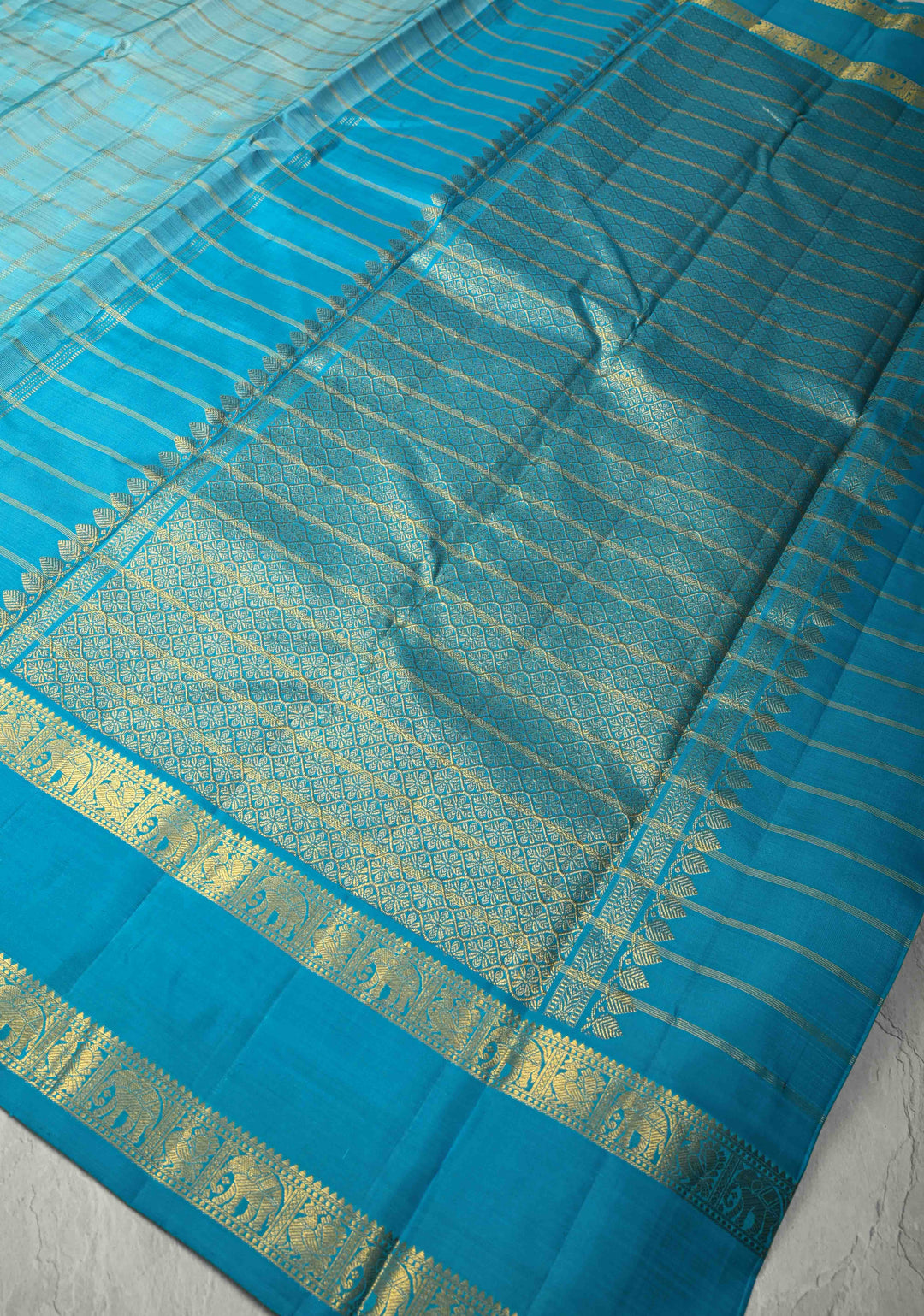 Aqua Blue Kanjivaram Pure Silk Saree with Zari Checks and Rettaipet Border | SILK MARK CERTIFIED