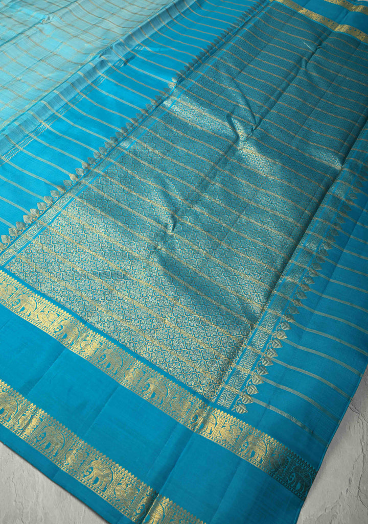 Aqua Blue Kanjivaram Pure Silk Saree with Zari Checks and Rettaipet Border | SILK MARK CERTIFIED
