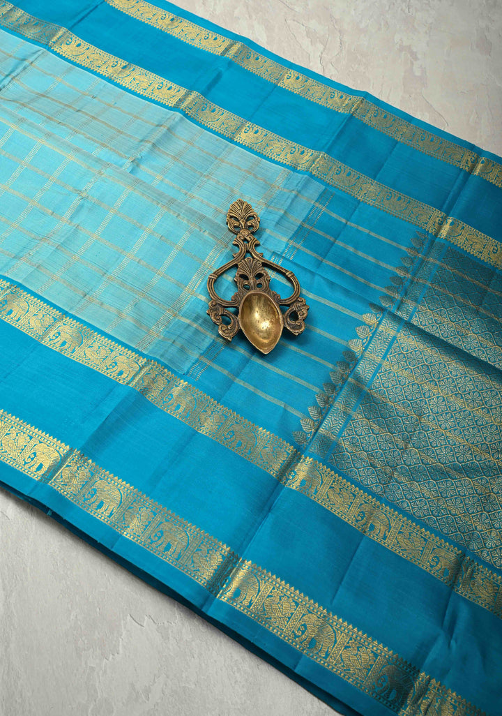 Aqua Blue Kanjivaram Pure Silk Saree with Zari Checks and Rettaipet Border | SILK MARK CERTIFIED
