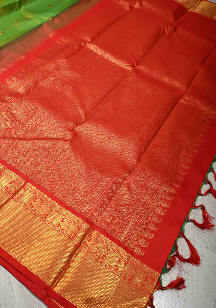 Parrot Green Dual Tone Korvai Kanjivaram Pure Silk Saree with Zari Buttas and Contrast Wide Zari Border | SILK MARK CERTIFIED