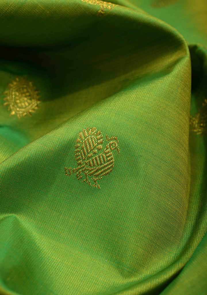 Parrot Green Dual Tone Korvai Kanjivaram Pure Silk Saree with Zari Buttas and Contrast Wide Zari Border | SILK MARK CERTIFIED