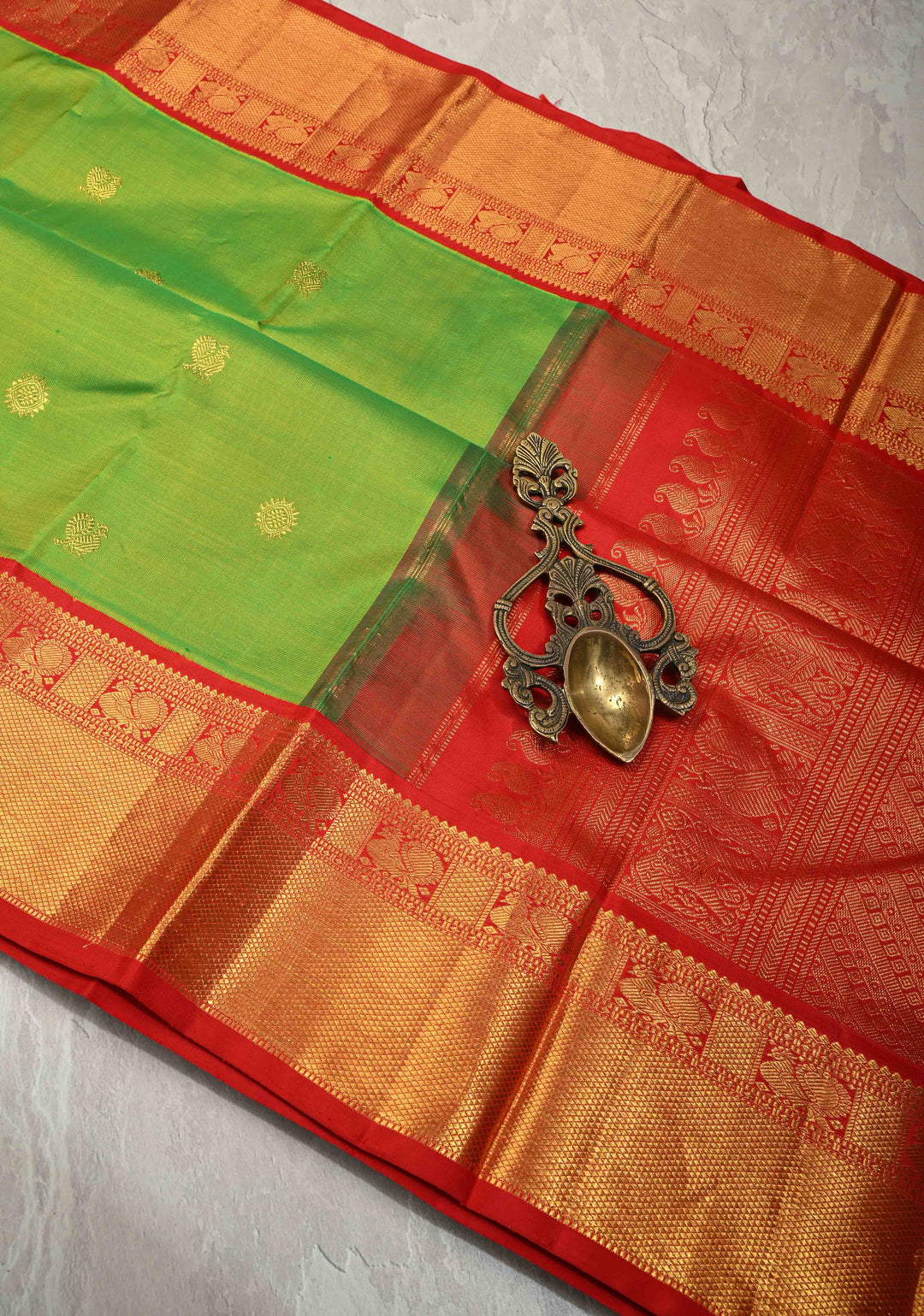 Parrot Green Dual Tone Korvai Kanjivaram Pure Silk Saree with Zari Buttas and Contrast Wide Zari Border | SILK MARK CERTIFIED