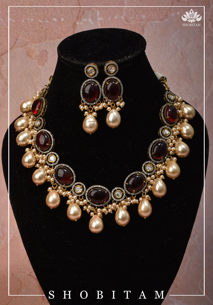 Oval Shape Red stone and Pearl Kundan Necklace Set