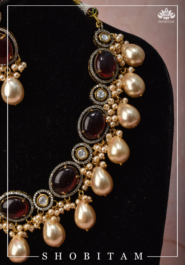Oval Shape Red stone and Pearl Kundan Necklace Set