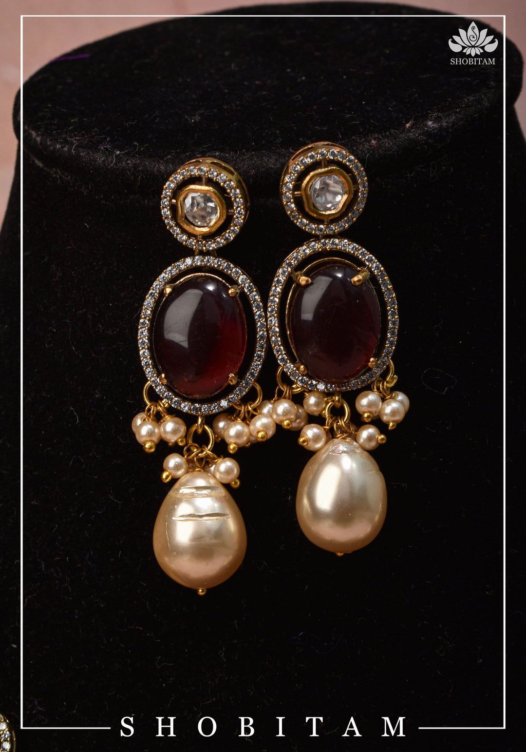 Oval Shape Red stone and Pearl Kundan Necklace Set